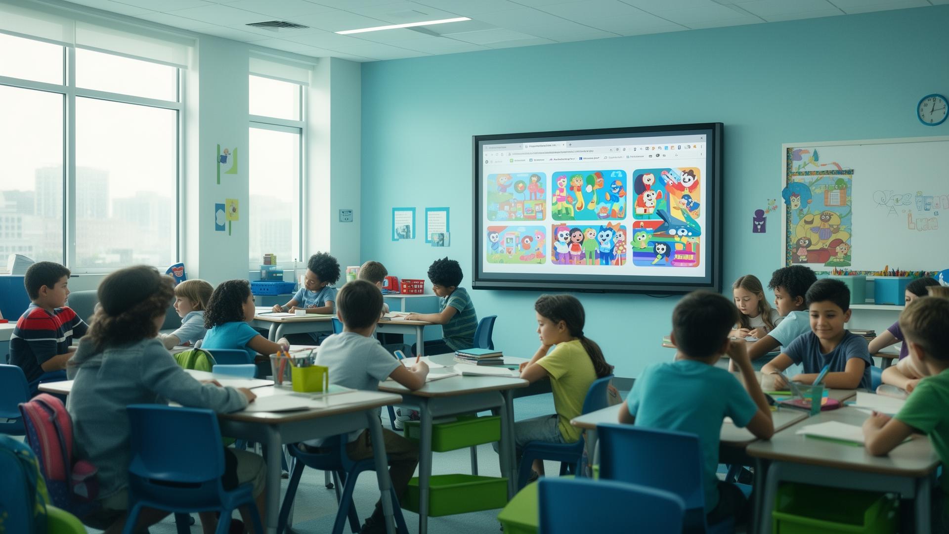 K-12 classroom with students engaged at an interactive flat panel display
